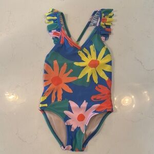 Tea Collection Blue and Yellow One Piece Swimsuit with Ruffled Straps